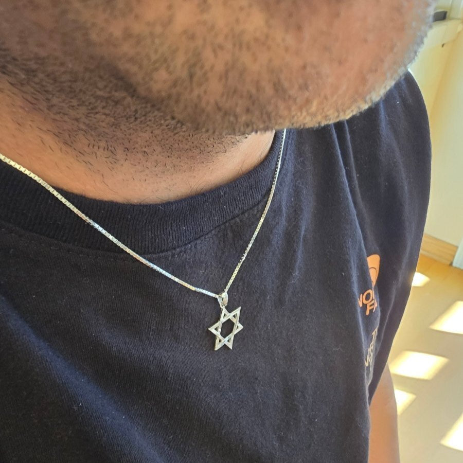 Sterling silver Star of David necklace on box chain, 3/4" long and 3/8" wide. A unisex Judaic symbol of heritage and identity.
