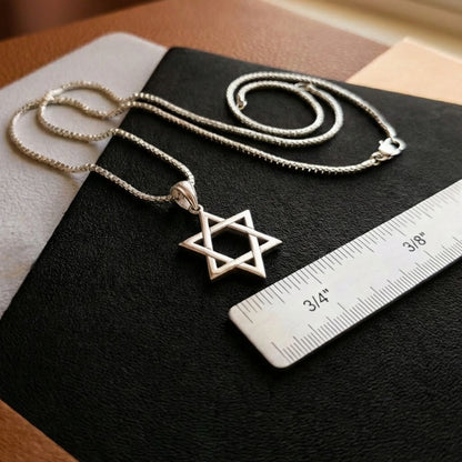 Sterling silver Star of David necklace with box chain, 3/4" long by 3/8" wide by Alef Bet