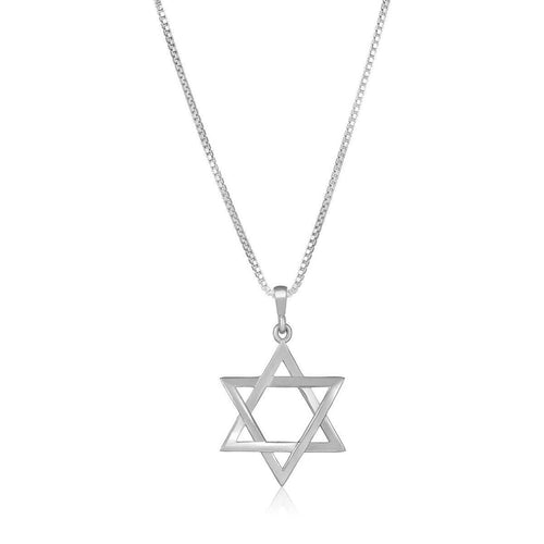 Sterling silver Star of David necklace on box chain, 3/4" long x 3/8" wide; a timeless unisex Judaic symbol of heritage.