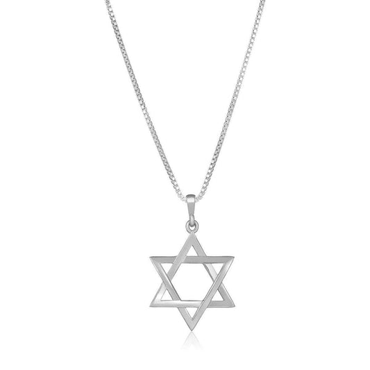 Sterling silver Star of David necklace on box chain, 3/4" long x 3/8" wide; a timeless unisex Judaic symbol of heritage.