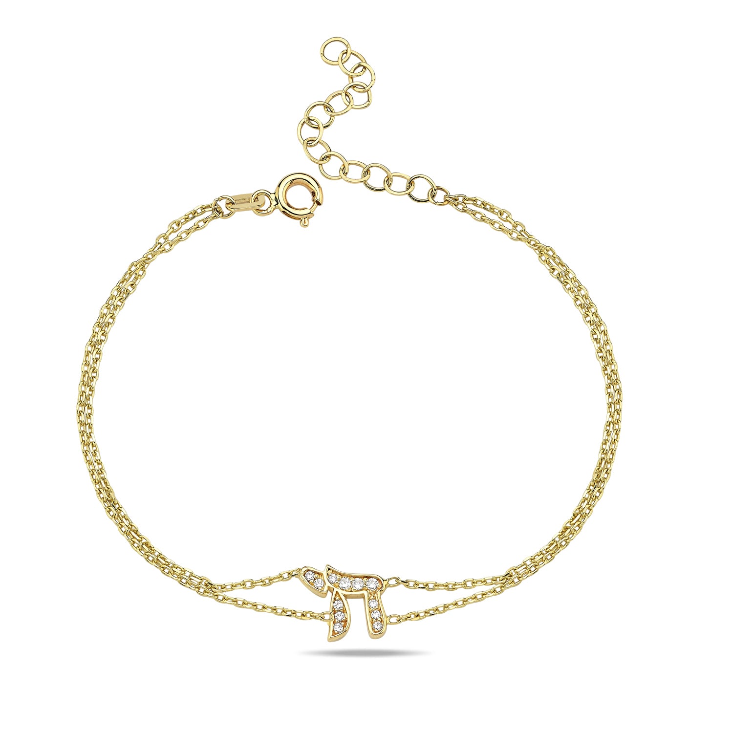 14k gold chai bracelet with pave diamond double chain design by Alef Bet