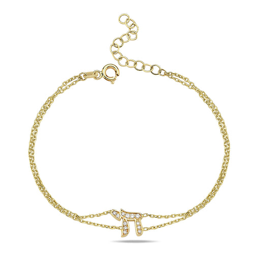 14k gold chai bracelet with pave diamond double chain design by Alef Bet