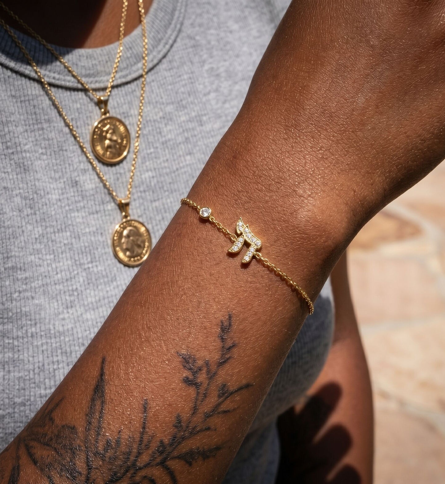 14k gold chai life bracelet featuring bezel-set diamonds and high-polish finish by Alef Bet