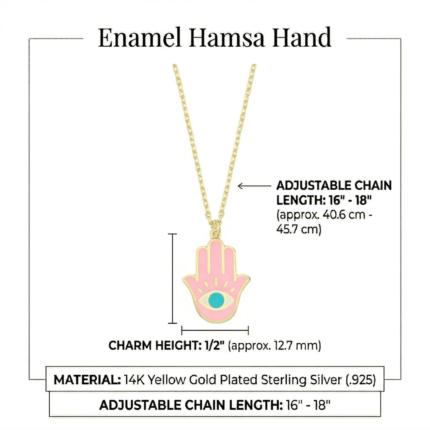 Hamsa evil eye protection necklace in gold plated finish with navy pink enamel work by Alef Bet
