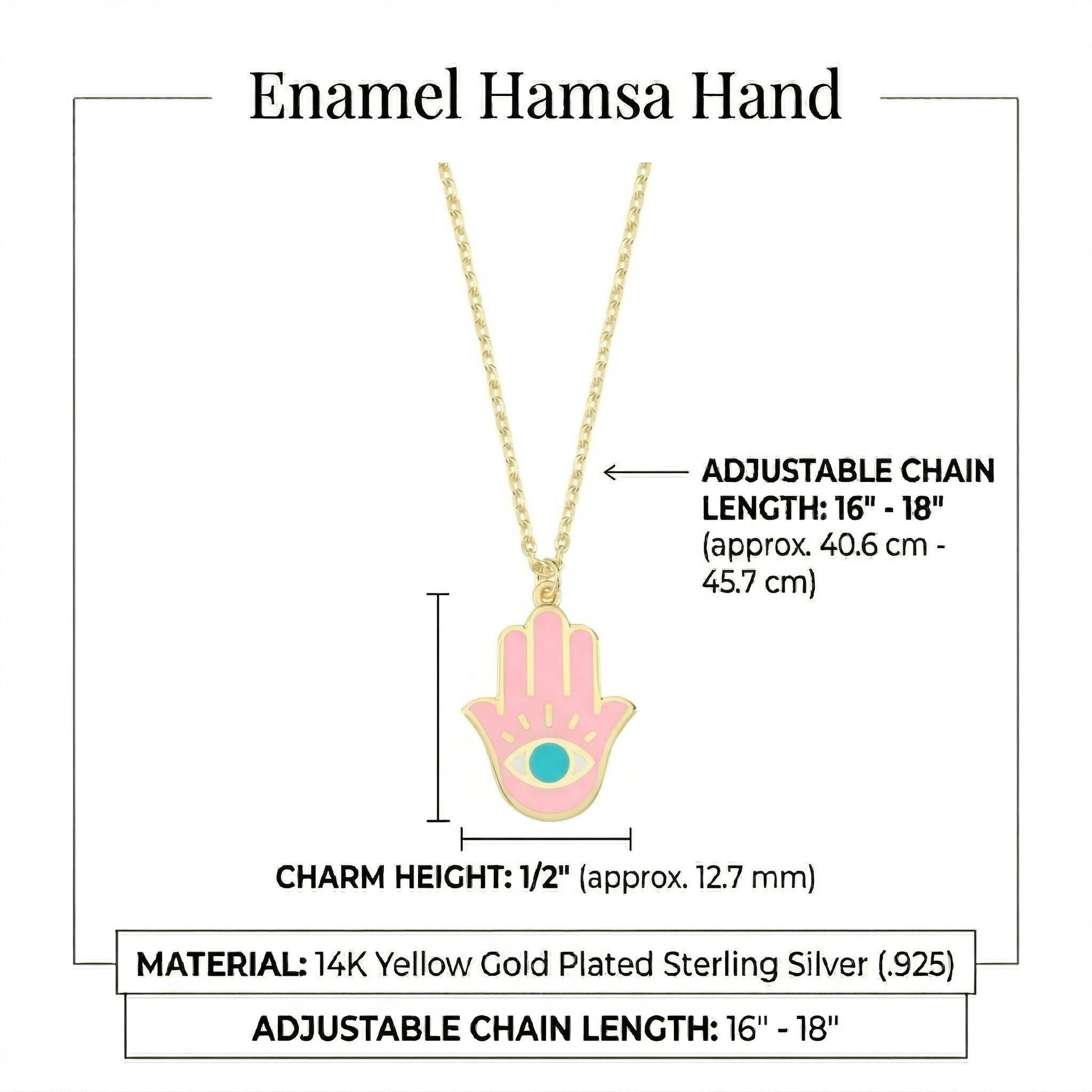 Hamsa evil eye protection necklace in gold plated finish with navy pink enamel work by Alef Bet
