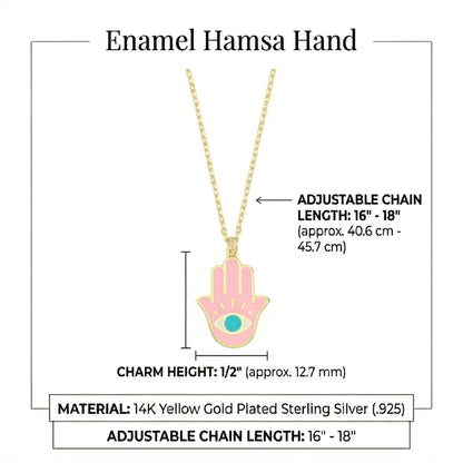 Hamsa evil eye protection necklace in gold plated finish with navy pink enamel work by Alef Bet