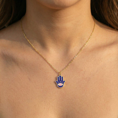 Protection hamsa necklace in high-polish gold plated with navy pink enamel evil eye by Alef Bet