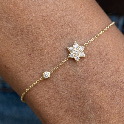 Yellow gold diamond Star of David bracelet featuring pave-set charm detail by Alef Bet