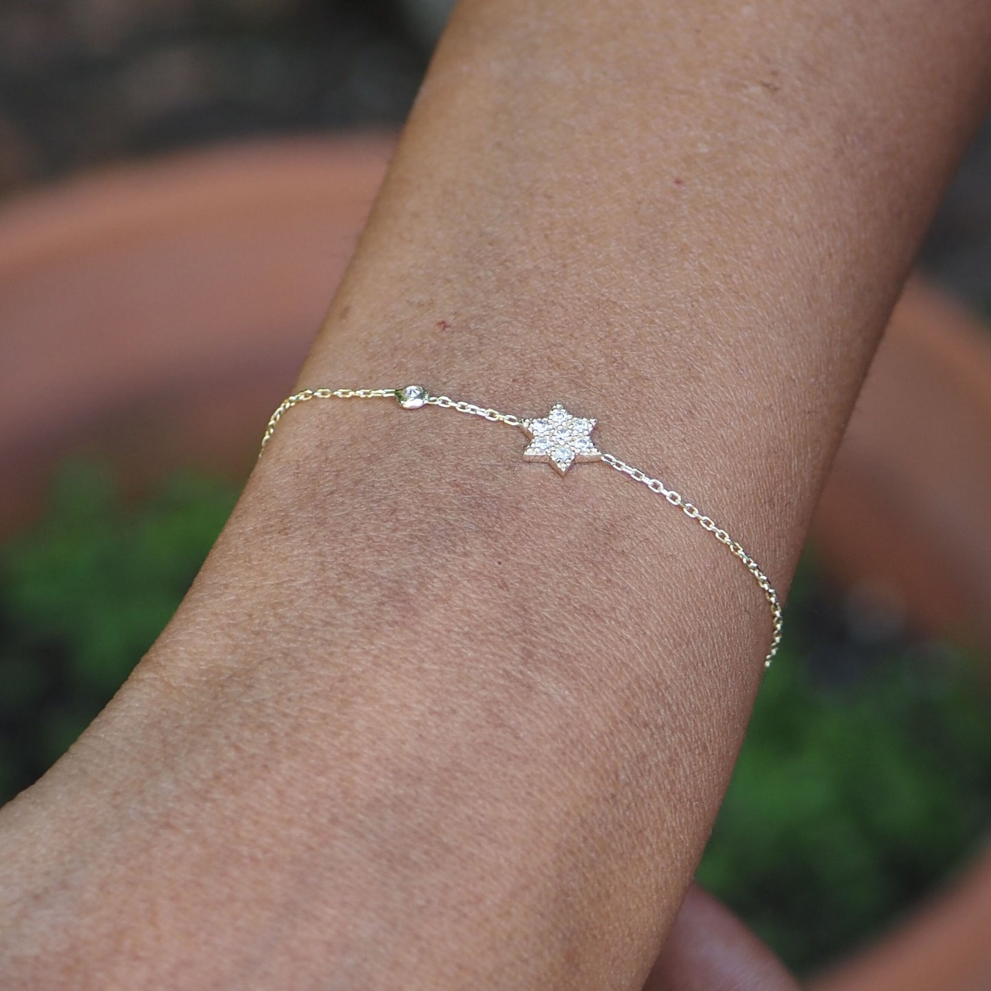 14k solid gold magen david bracelet with pave diamonds, side view by Alef Bet