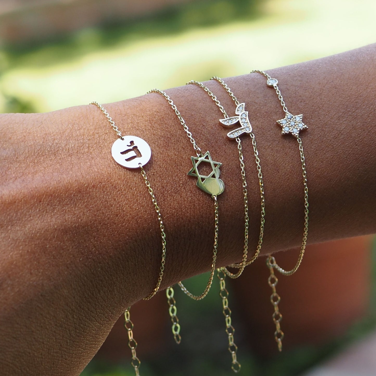 Solid 14k gold magen david bracelet, pave diamond star charm closeup by Alef Bet