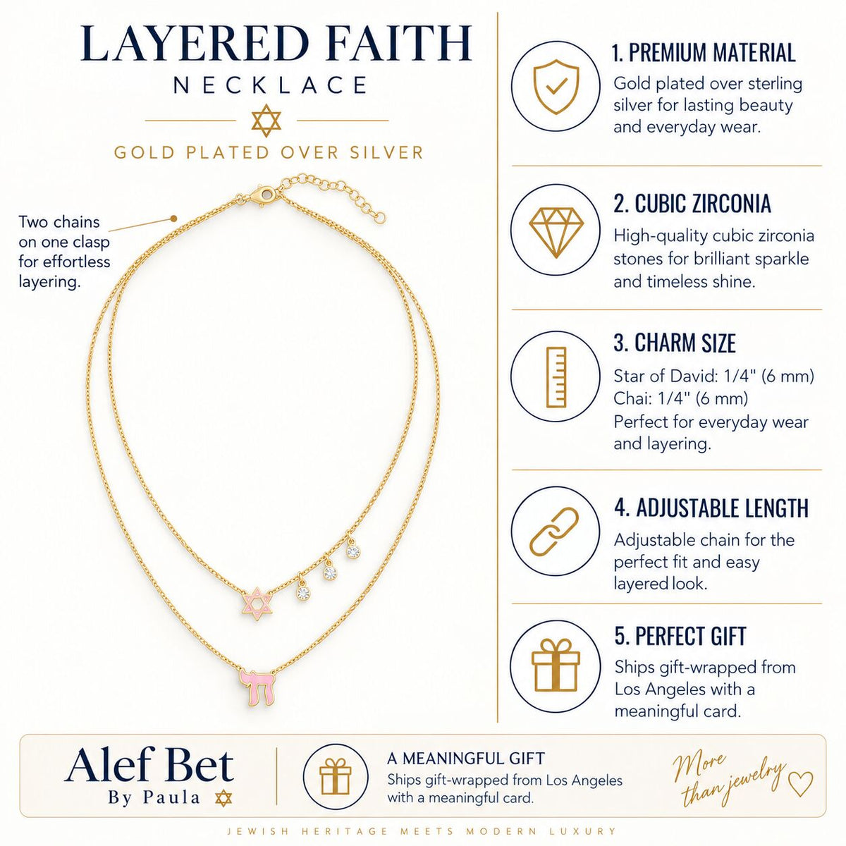 Two chains with a clasp feature a pink enamel Chai and Star of David charms, adorned with glistening gems for a timeless look.