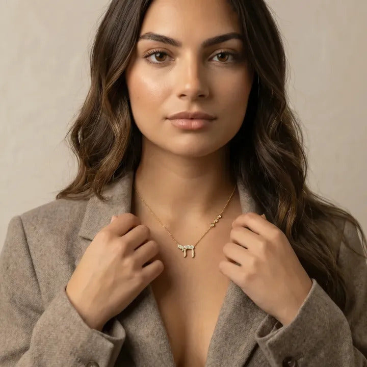 L'Chaim Sparkle necklace yellow gold lay flat view with full chain length by Alef Bet