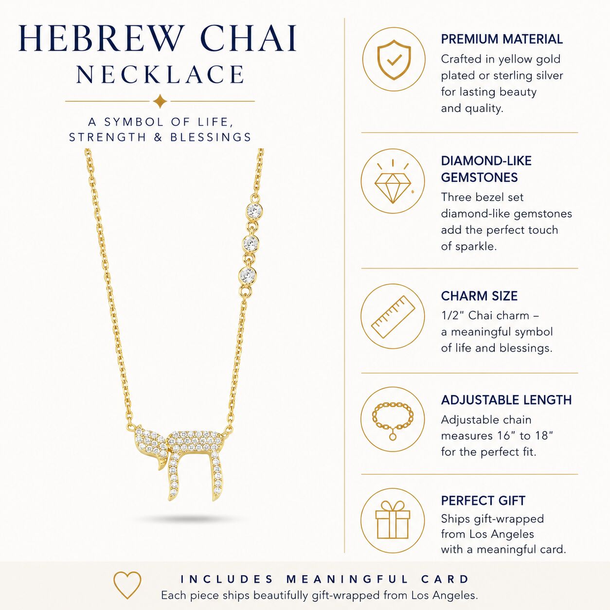 L'Chaim Sparkle necklace front view yellow gold with bezel-set stone accents by Alef Bet