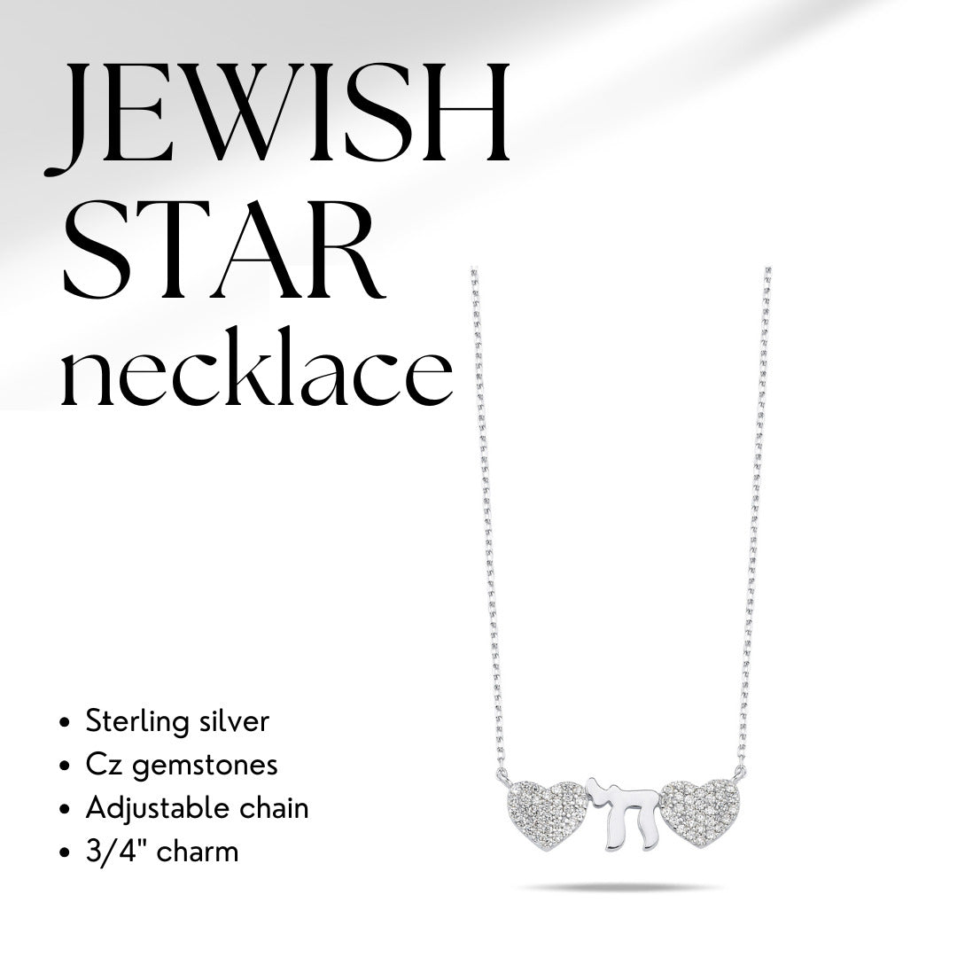A stunning silver necklace featuring a Chai symbol between two hearts, adorned with sparkling CZ gems, adjustable from 16" to 18".