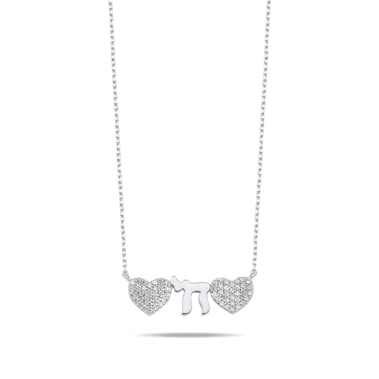 Stunning silver necklace featuring two hearts and a Chai symbol adorned with sparkling CZ gems, adjustable 16"-18" chain for perfect fit.