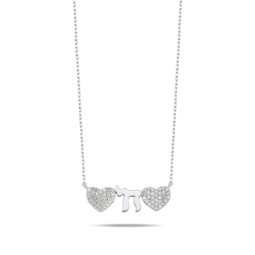 Stunning silver necklace featuring two hearts and a Chai symbol adorned with sparkling CZ gems, adjustable 16"-18" chain for perfect fit.