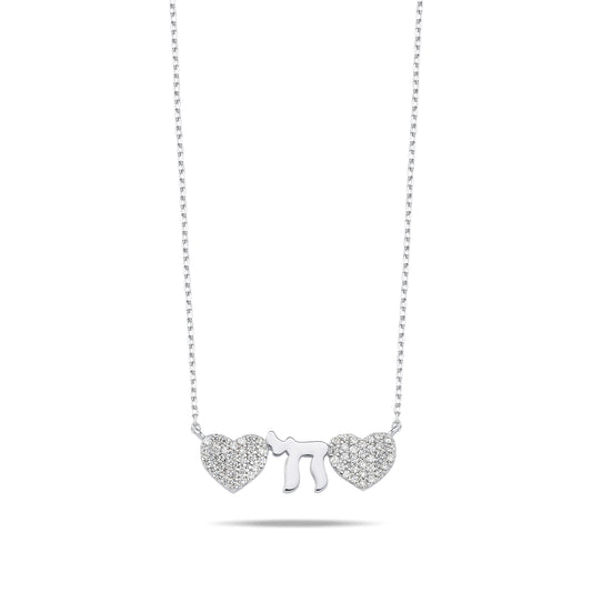 Stunning silver necklace featuring two hearts and a Chai symbol adorned with sparkling CZ gems, adjustable 16"-18" chain for perfect fit.