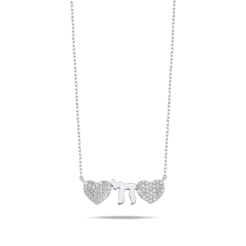 Stunning silver necklace featuring two hearts and a Chai symbol adorned with sparkling CZ gems, adjustable 16"-18" chain for perfect fit.