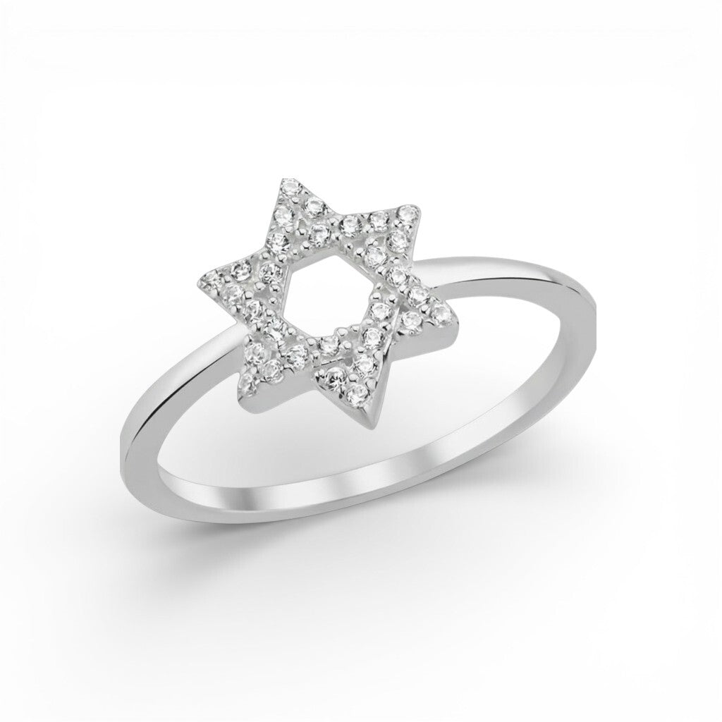 Silver ring with star-shaped diamond design on a white background