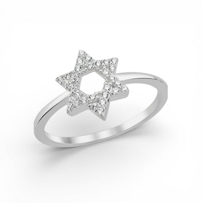 Silver ring with star-shaped diamond design on a white background