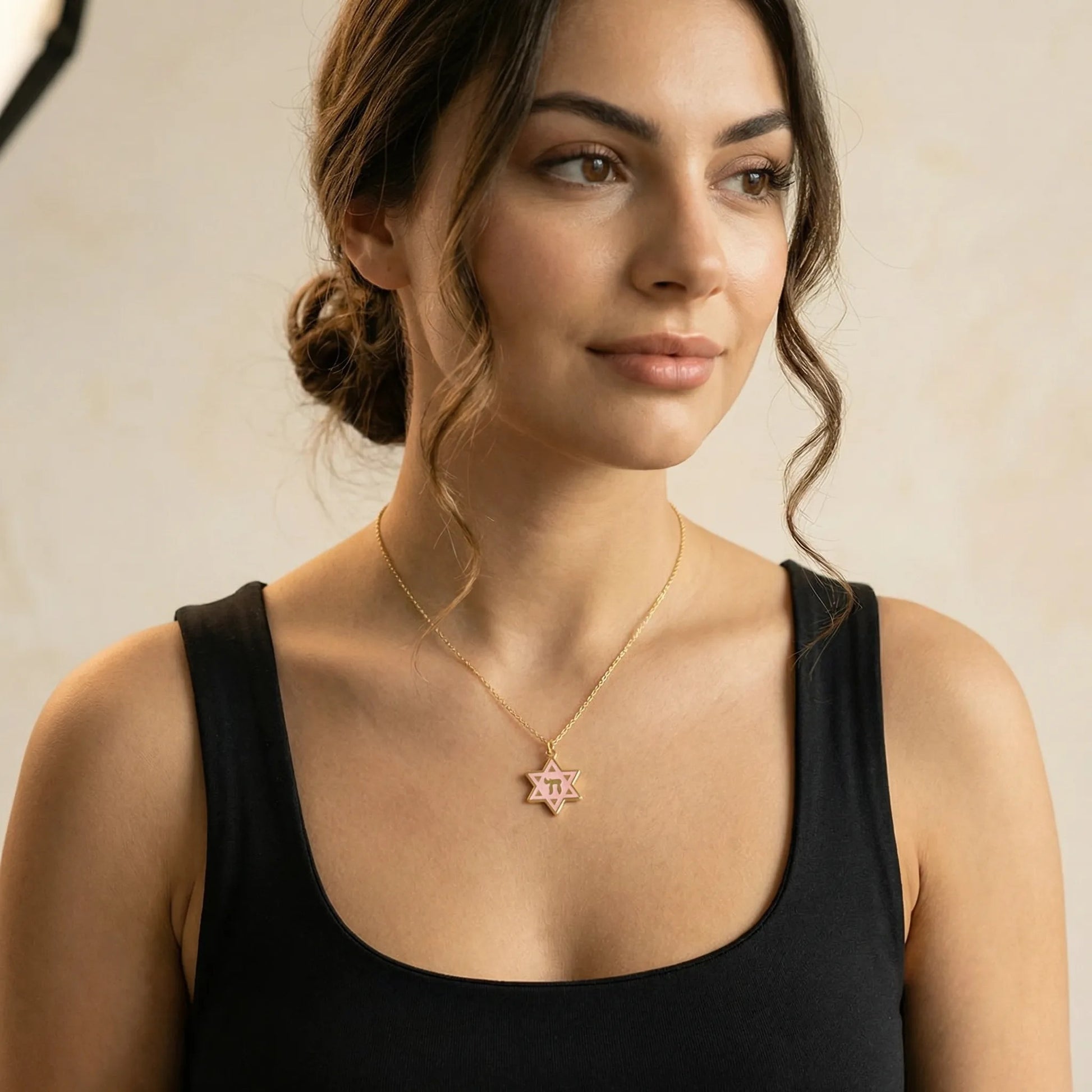 Vibrant faith star of David and chai necklace featuring four enamel color options by Alef Bet