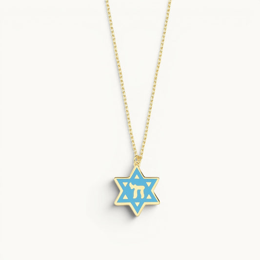Star of David and Chai enamel necklace in light blue with colorful multi-tone design by Alef Bet