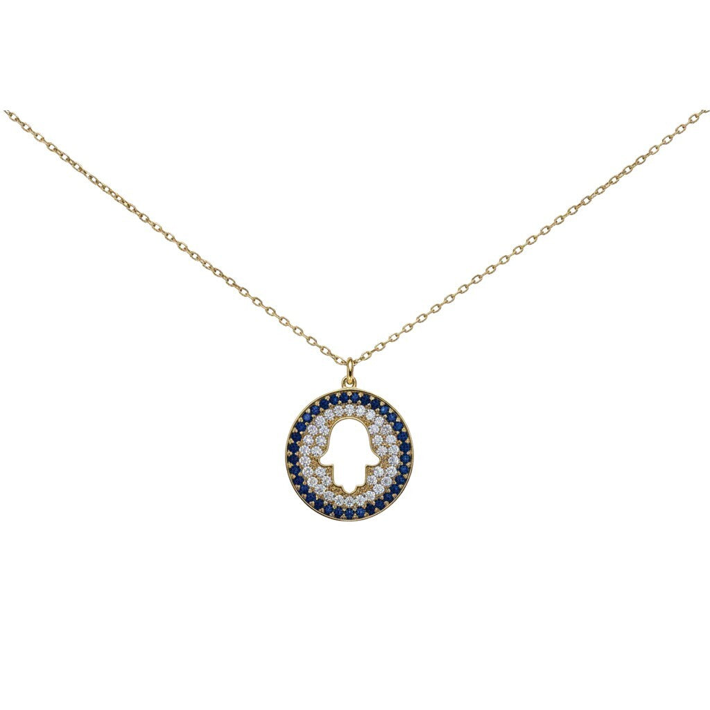 Pave hamsa necklace in yellow gold with blue and white cubic zirconia evil eye by Alef Bet