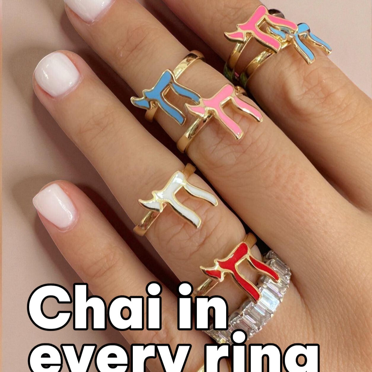 A stunning Yellow Gold Chai Ring featuring a colorful enamel finish, symbolizing love, luck, and good fortune for every wearer.