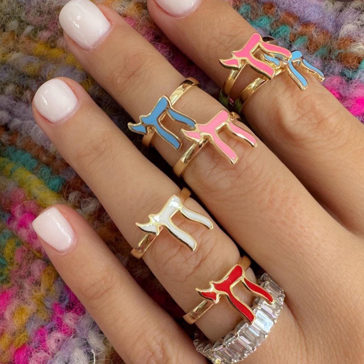 Yellow Gold Plated Chai Rings: Colorful Enamel for a Meaningful Statement