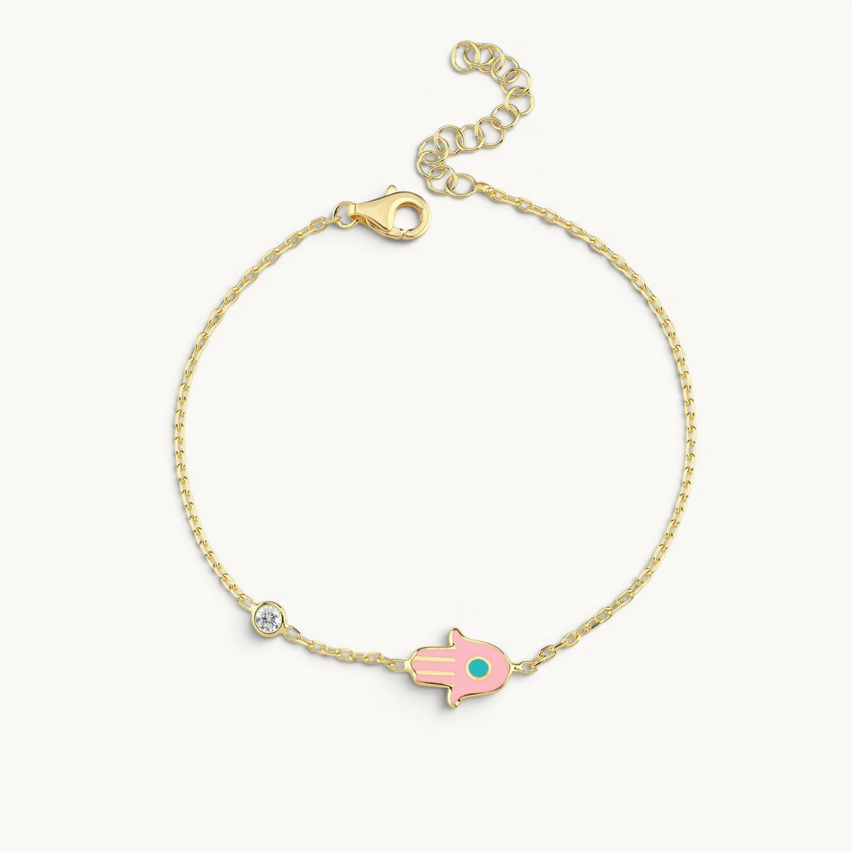 Hamsa Hand Bracelet in 14k Yellow Gold Plated Sterling Silver 925 with Pink Enamel and Cubic Zirconia, sparkling protection on your wrist