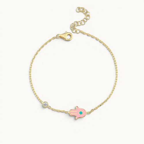 Yellow gold plated hamsa bracelet with pink enamel and cubic zirconia by Alef Bet