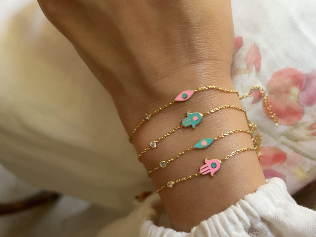 Yellow Gold Plated Hamsa Hand Bracelet: Your Personal Touch of Blessings & Color