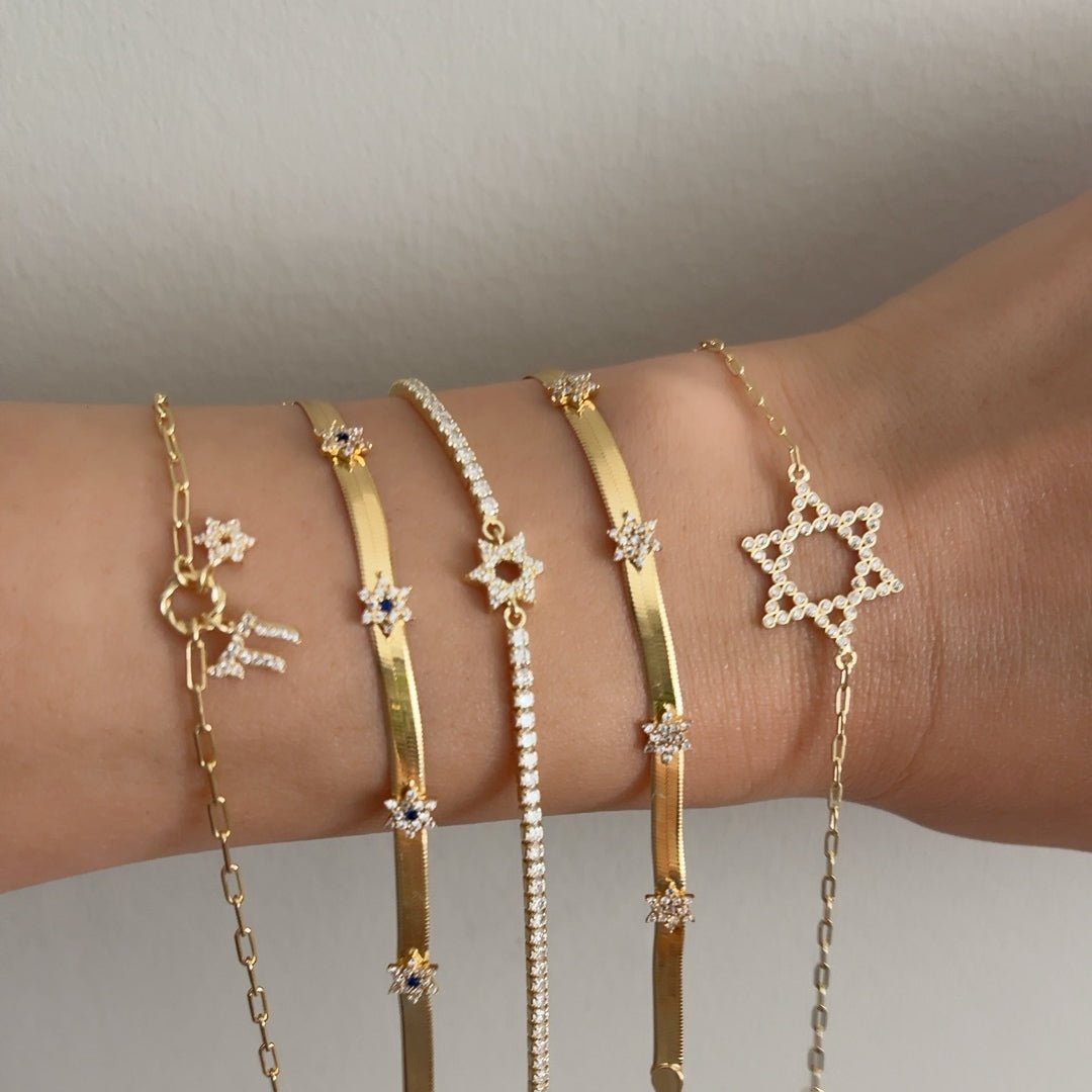 Yellow Gold Plated Jewish Star Bracelet with Sparkling CZ Gems