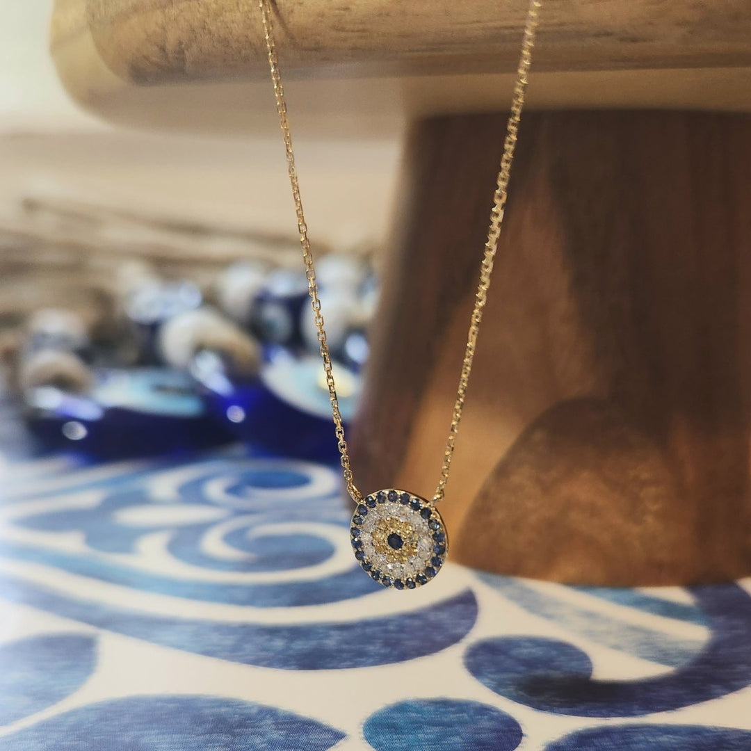 Evil Eye Necklace With Sapphires and Diamonds in 14k Gold
