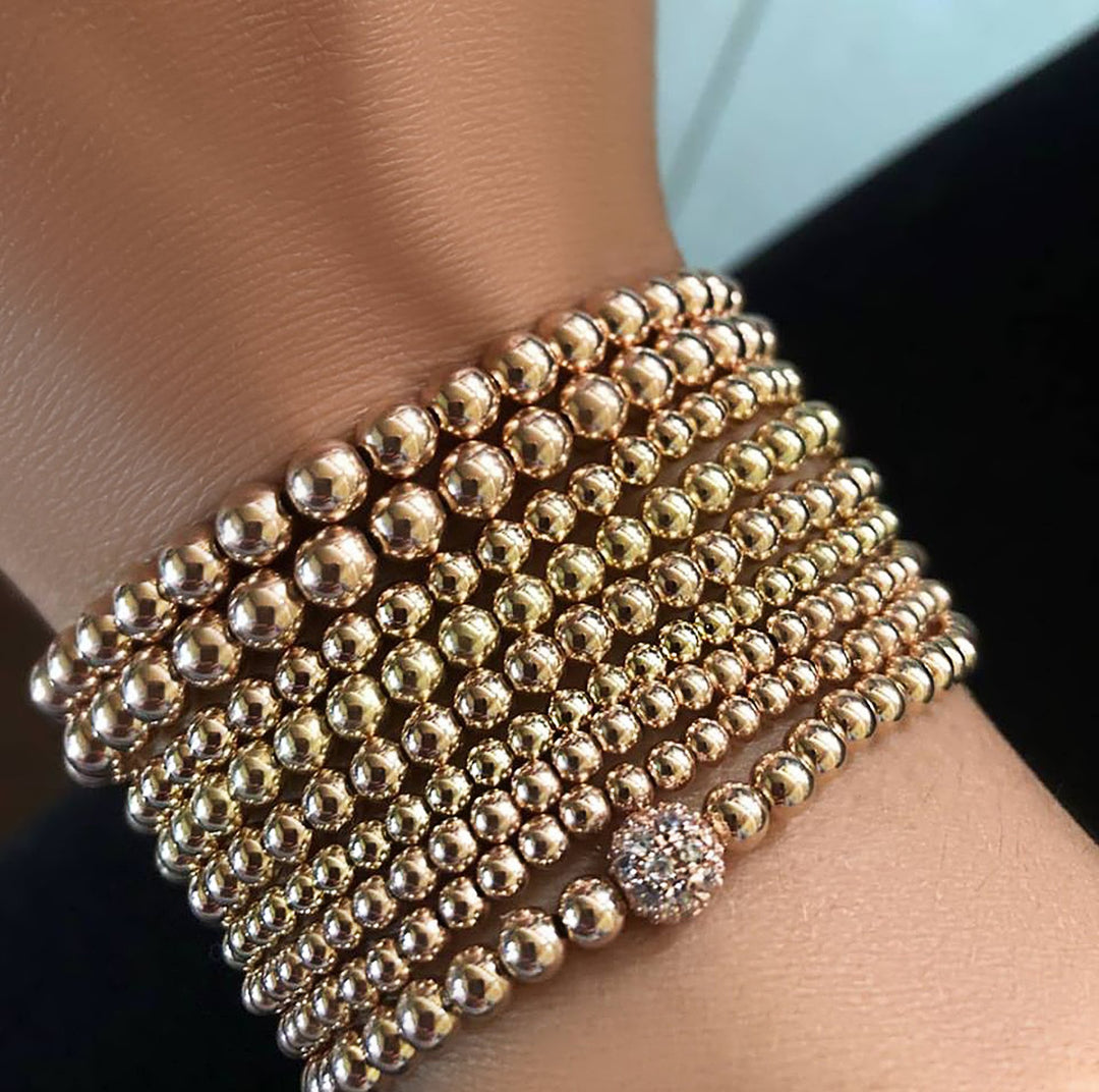 4mm Bead Bracelet in Silver or Gold With Sparkling Center Stone