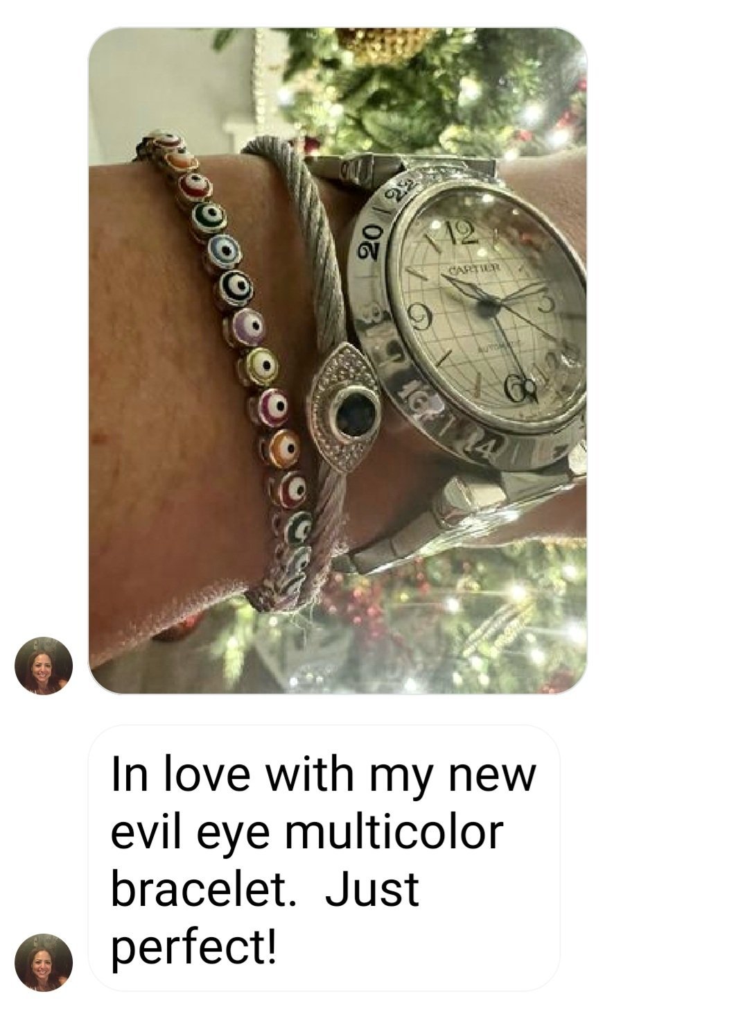 evil eye bracelet on customer with watch