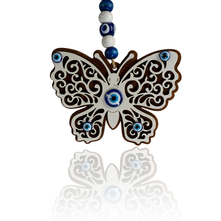 wooden amulet butterfly and evil eye