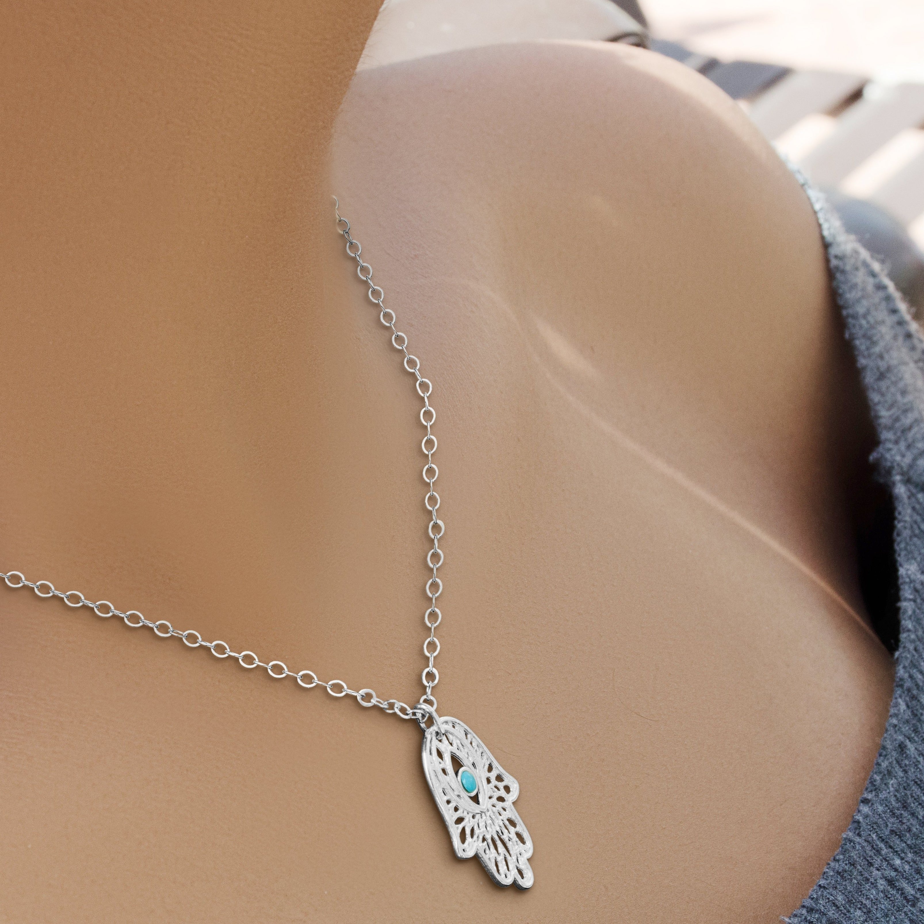 Filigree Hamsa Necklace with Lucky Turquoise Gemstone - Alef Bet Jewelry by Paula