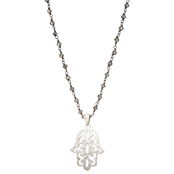Floral Hamsa Necklace With Wire Wrap Gemstones