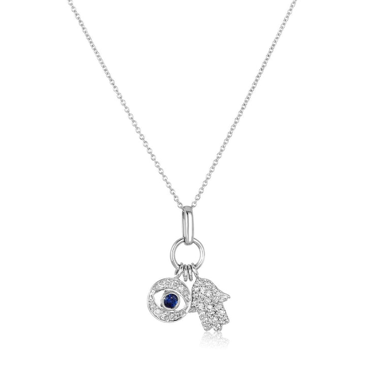 Hamsa and Evil Eye Diamond and Sapphire Gold Necklace