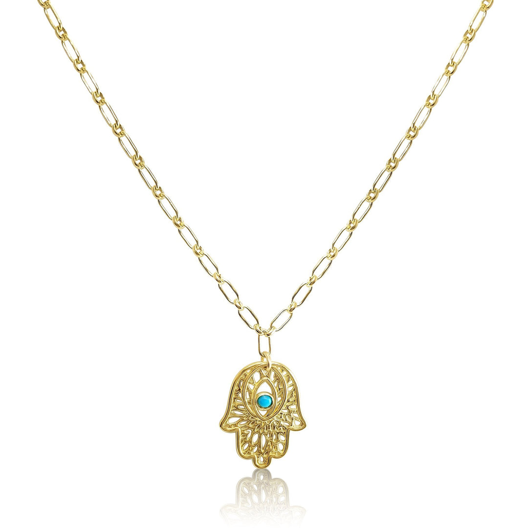 Hamsa Necklace Turquoise Gemstone on Paperclip Chain