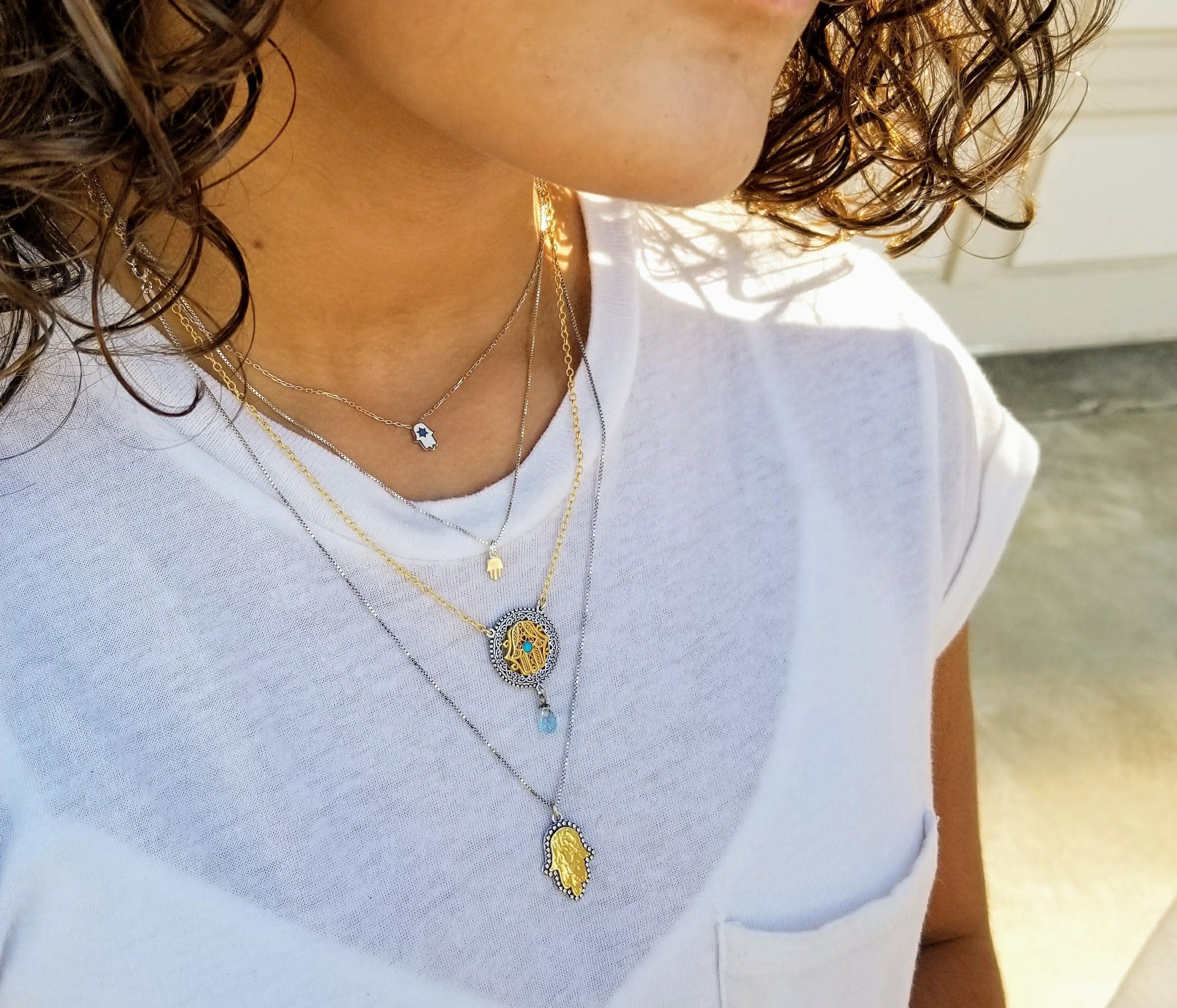 Mini Hamsa Lucky Silver Necklace - Alef Bet Jewelry by Paula