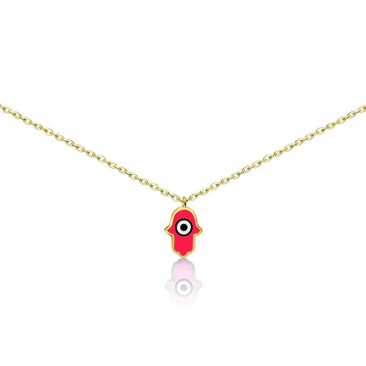 pink evil eye and hamsa necklace