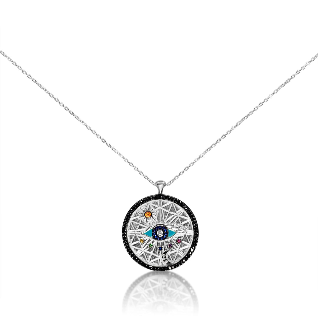 silver evil eye and celestial necklace