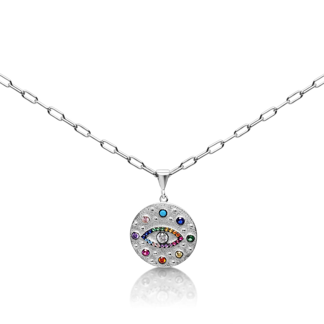 silver and colorful evil eye necklace