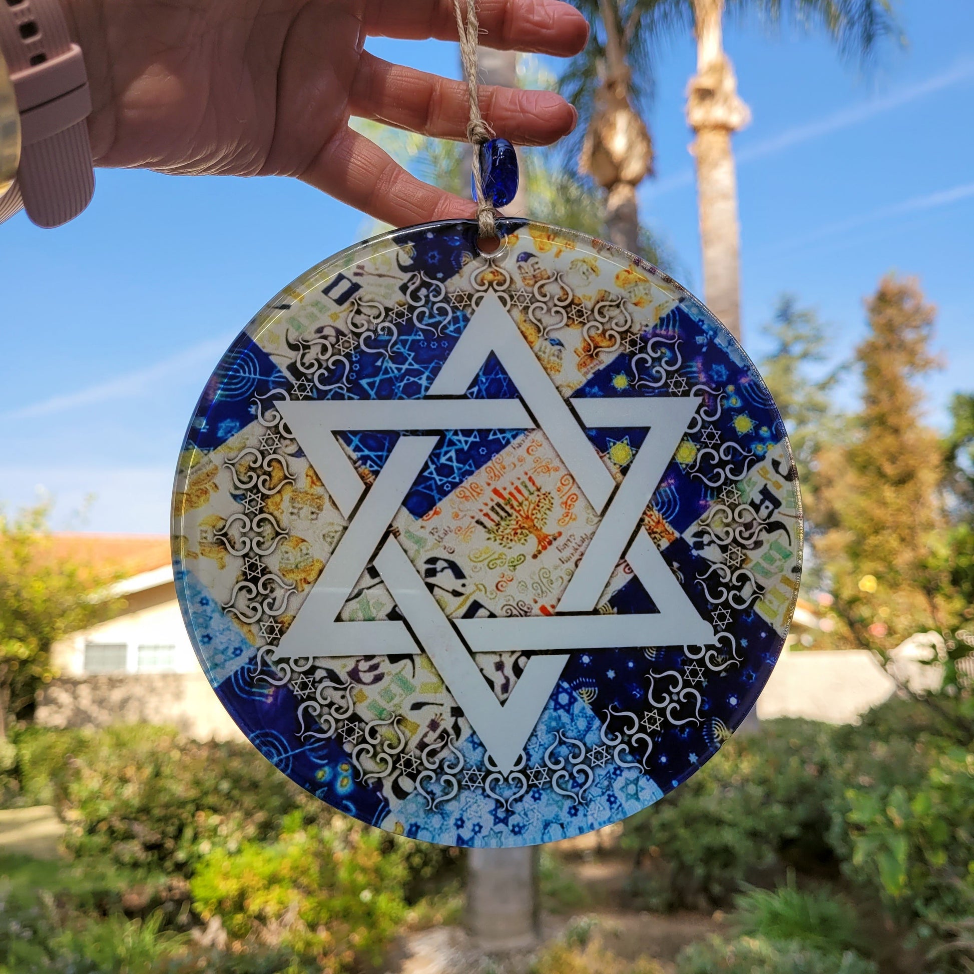 Star of David Glass Wall Hanging with Evil Eye