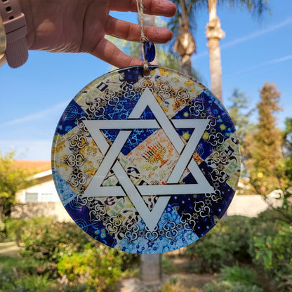 Star of David Glass Wall Hanging with Evil Eye