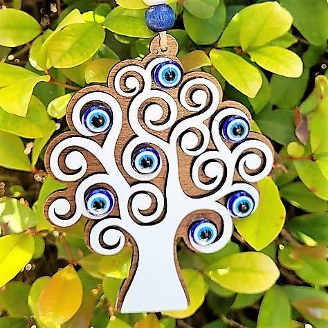 tree of life wood amulet with evil eye