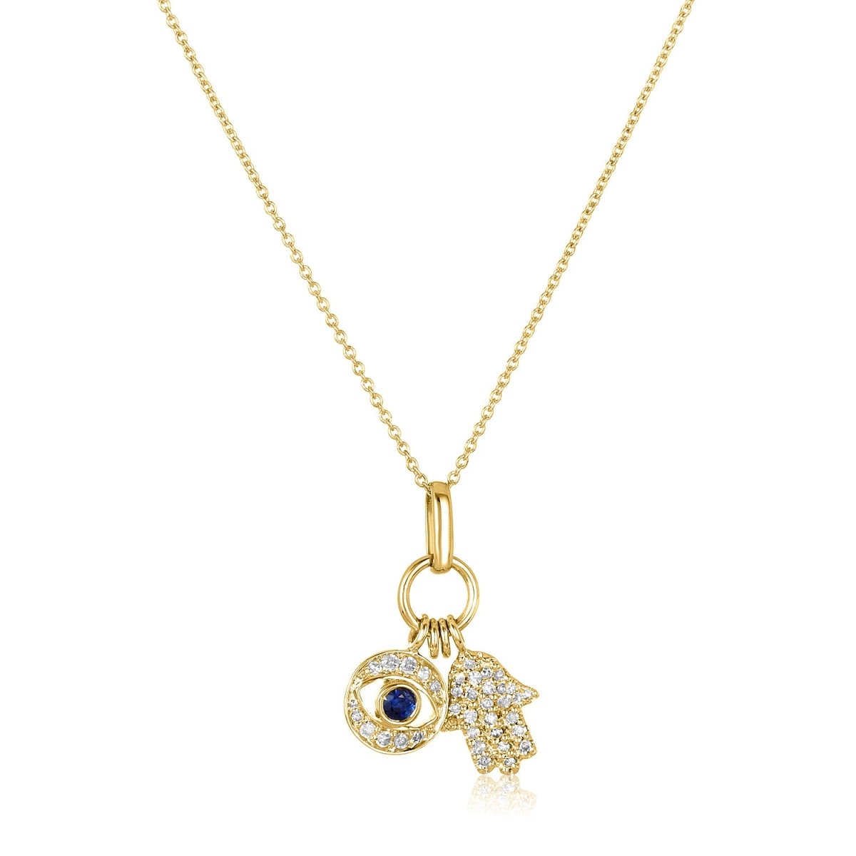 Hamsa and Evil Eye Diamond and Sapphire Gold Necklace